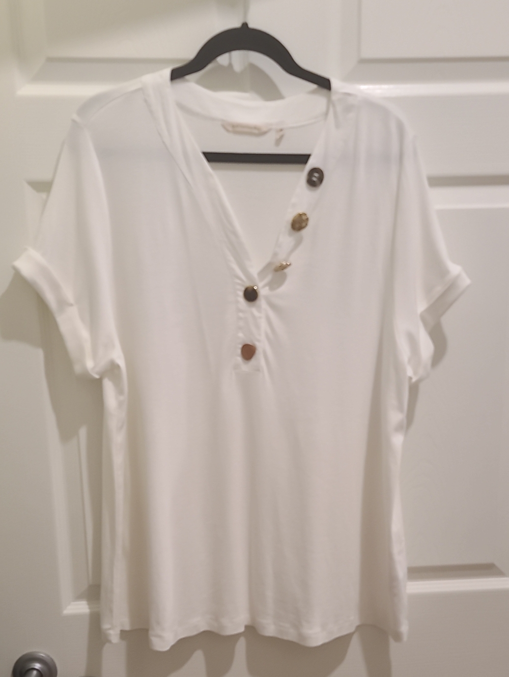 Soft Surroundings White Short-Sleeve V-Neck Top with Button Accents